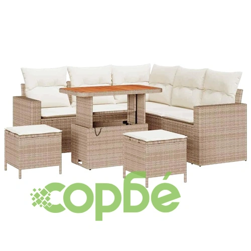 Градински комплект от 8 части с възглавници бежов полиратан и акация ➤ топ цена ➤ sorbe.bg