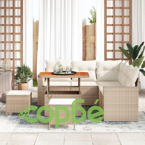 Градински комплект от 8 части с възглавници бежов полиратан и акация ➤ топ цена ➤ sorbe.bg