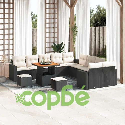 Градински комплект мебели 13 части с възглавници от полиратан и акация ➤ топ цена ➤ sorbe.bg