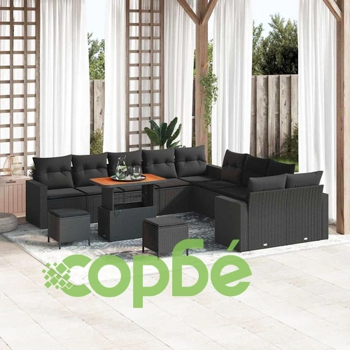 13-частен градински комплект от полиратан и акация черен цвят ➤ топ цена ➤ sorbe.bg