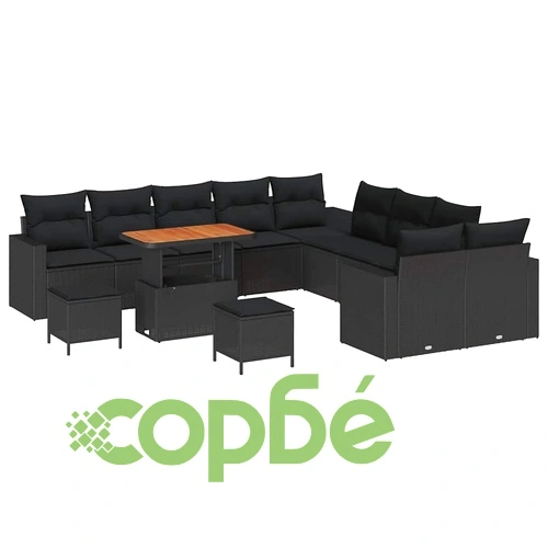 13-частен градински комплект от полиратан и акация черен цвят ➤ топ цена ➤ sorbe.bg