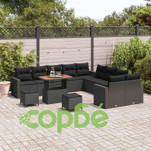 13-частен градински комплект от полиратан и акация черен цвят ➤ топ цена ➤ sorbe.bg