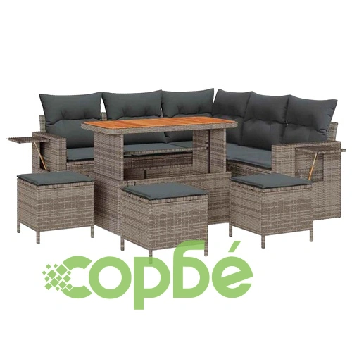 Градински комплект мебели 9 части полиратан сив с възглавници 110x55x71 см ➤ топ цена ➤ sorbe.bg