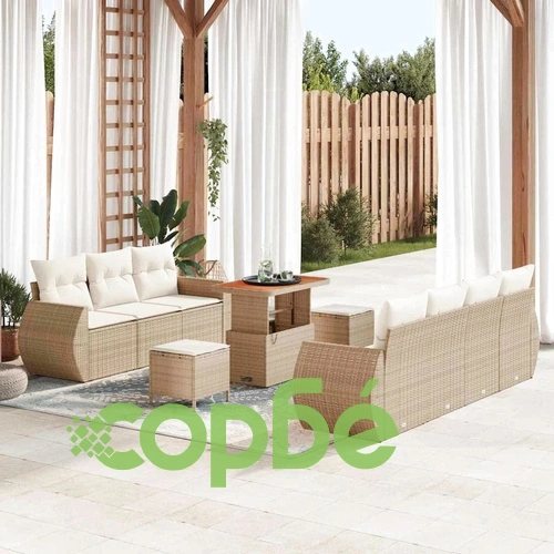 Градински комплект мебели 10 части с възглавници бежов полиратан акация ➤ топ цена ➤ sorbe.bg