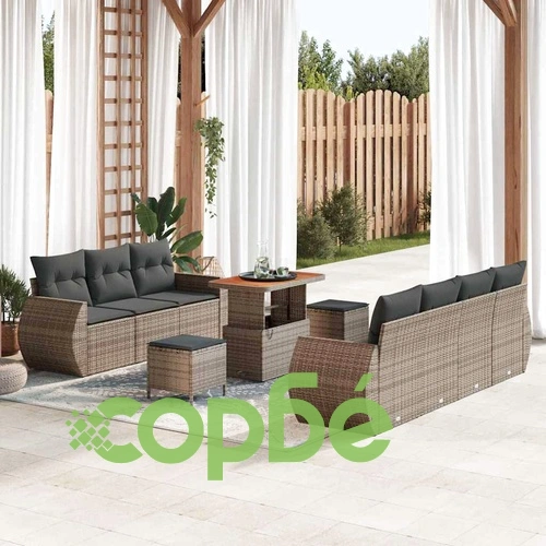 Градински комплект мебели 10 части полиратан сив с акациева маса 90x55x71 см ➤ топ цена ➤ sorbe.bg