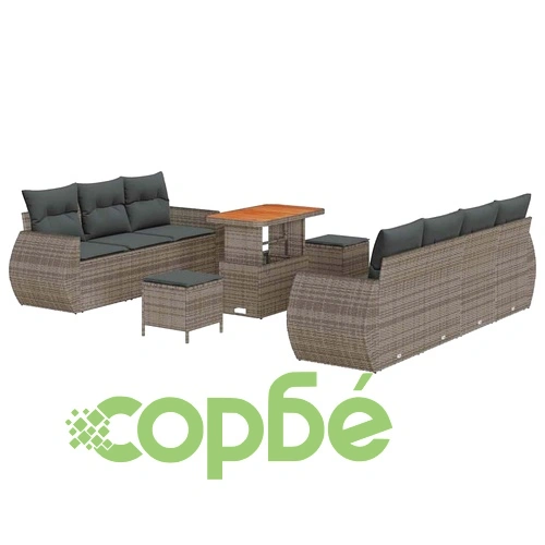 Градински комплект мебели 10 части полиратан сив с акациева маса 90x55x71 см ➤ топ цена ➤ sorbe.bg