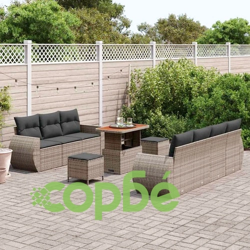 Градински комплект мебели 10 части полиратан сив с акациева маса 90x55x71 см ➤ топ цена ➤ sorbe.bg