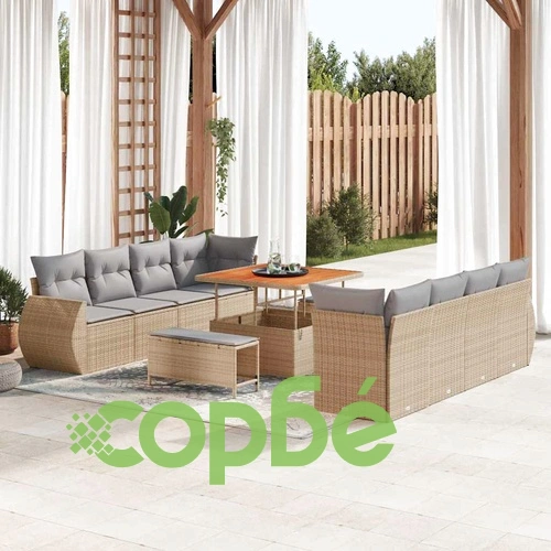 Градински комплект мебели 11 части от полиратан и акация - бежов ➤ топ цена ➤ sorbe.bg