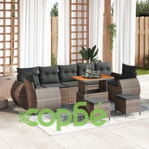 Градински комплект мебели 10 части полиратан сив с възглавници акация ➤ топ цена ➤ sorbe.bg