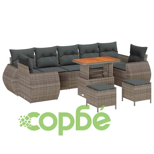 Градински комплект мебели 10 части полиратан сив с възглавници акация ➤ топ цена ➤ sorbe.bg