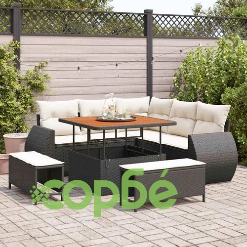 Градински комплект от полиратан 8 части с възглавници черен акация ➤ топ цена ➤ sorbe.bg