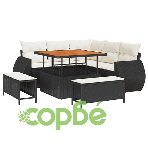 Градински комплект от полиратан 8 части с възглавници черен акация ➤ топ цена ➤ sorbe.bg