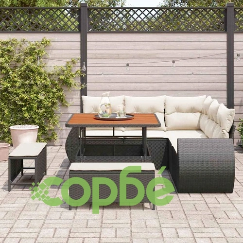 Градински комплект от полиратан 8 части с възглавници черен акация ➤ топ цена ➤ sorbe.bg