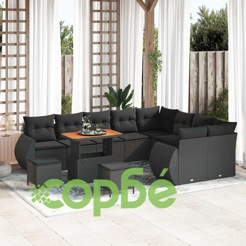 Градински комплект мебели 12 части от полиратан черен цвят с акация ➤ топ цена ➤ sorbe.bg