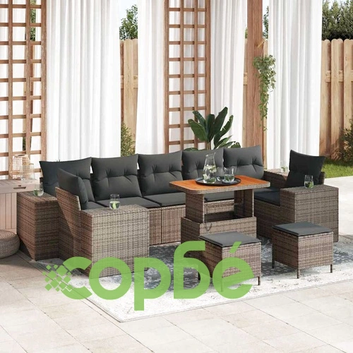 Градински комплект мебели 10 части полиратан сив с възглавници акация 90x55x71 см ➤ топ цена ➤ sorbe.bg