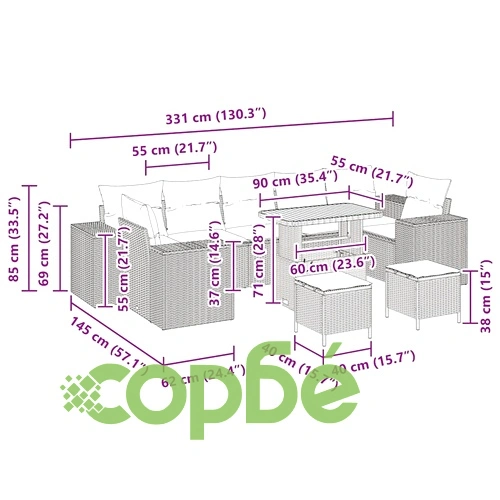 Градински комплект мебели 10 части полиратан сив с възглавници акация 90x55x71 см ➤ топ цена ➤ sorbe.bg