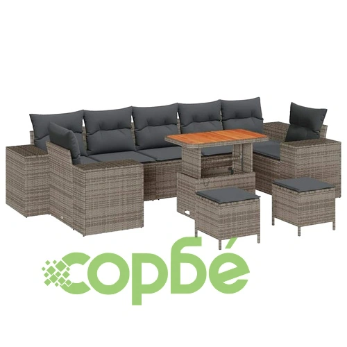 Градински комплект мебели 10 части полиратан сив с възглавници акация 90x55x71 см ➤ топ цена ➤ sorbe.bg