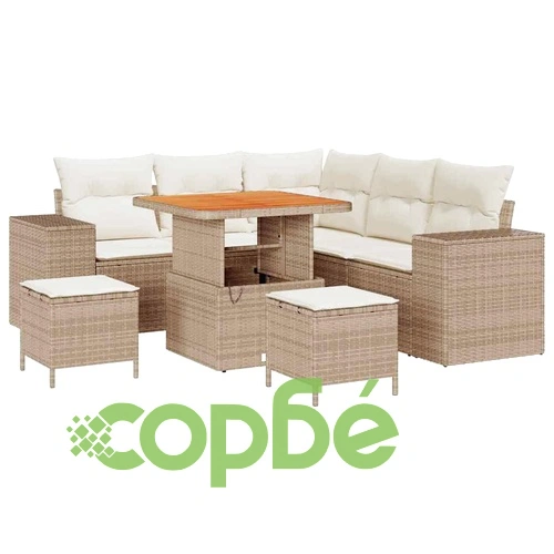 Градински комплект мебели 8 части полиратан бежов с възглавници акация ➤ топ цена ➤ sorbe.bg