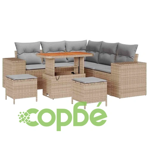 Градински комплект мебели 8 части полиратан бежов с възглавници акация ➤ топ цена ➤ sorbe.bg