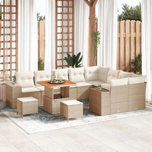 Градински комплект от полиратан с възглавници 12 части бежов с акация 80x80 см