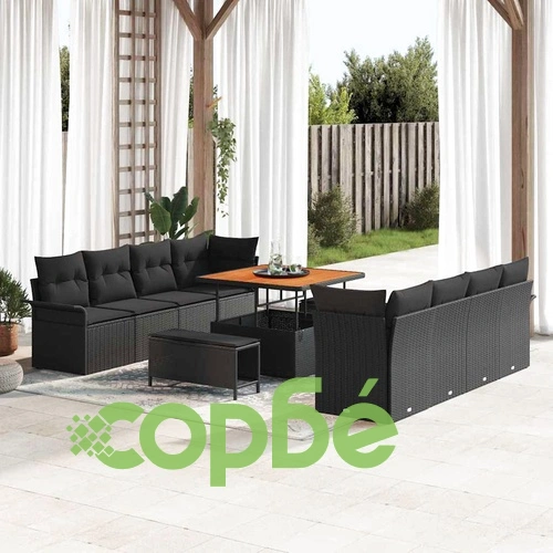 Градински комплект мебели 11 части черен полиратан с възглавници ➤ топ цена ➤ sorbe.bg