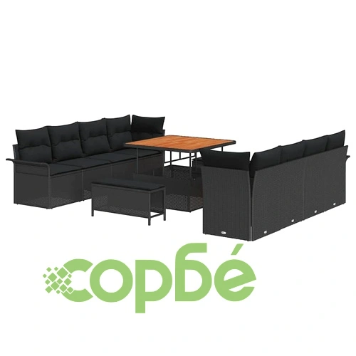 Градински комплект мебели 11 части черен полиратан с възглавници ➤ топ цена ➤ sorbe.bg