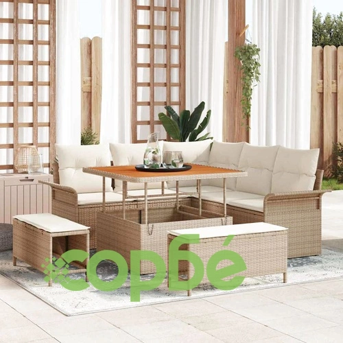 Градински комплект диван 8 части с възглавници бежов полиратан акация ➤ топ цена ➤ sorbe.bg