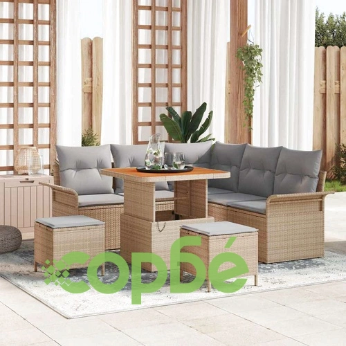 Градински комплект мебели 8 части полиратан бежов с възглавници акация ➤ топ цена ➤ sorbe.bg