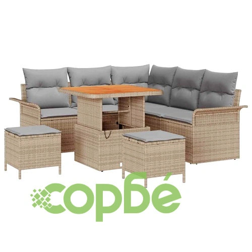 Градински комплект мебели 8 части полиратан бежов с възглавници акация ➤ топ цена ➤ sorbe.bg