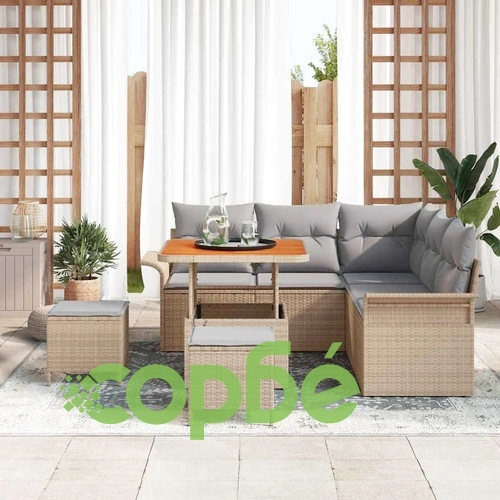 Градински комплект мебели 8 части полиратан бежов с възглавници акация ➤ топ цена ➤ sorbe.bg
