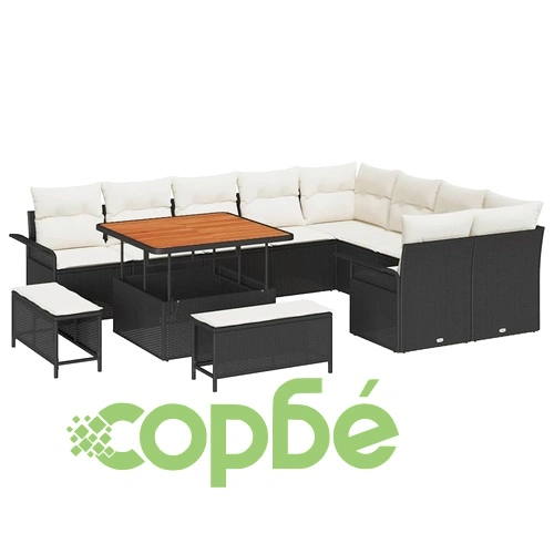 Градински комплект мебели 12 части с възглавници черен полиратан акация ➤ топ цена ➤ sorbe.bg