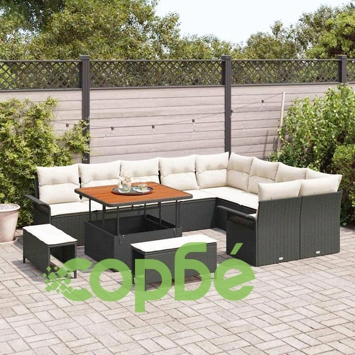 Градински комплект мебели 12 части с възглавници черен полиратан акация ➤ топ цена ➤ sorbe.bg