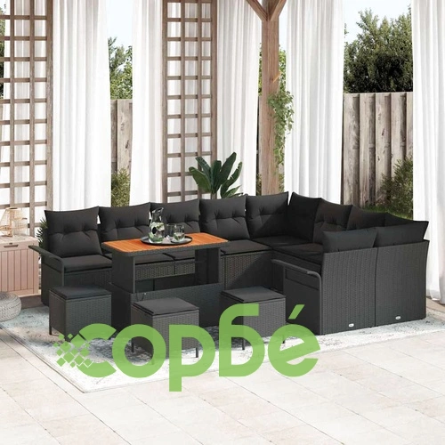 Градински модулен комплект 13 части с възглавници черен полиратан акация ➤ топ цена ➤ sorbe.bg