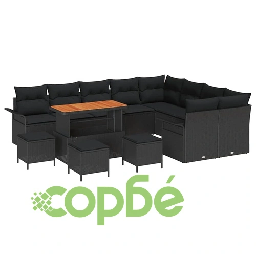 Градински модулен комплект 13 части с възглавници черен полиратан акация ➤ топ цена ➤ sorbe.bg