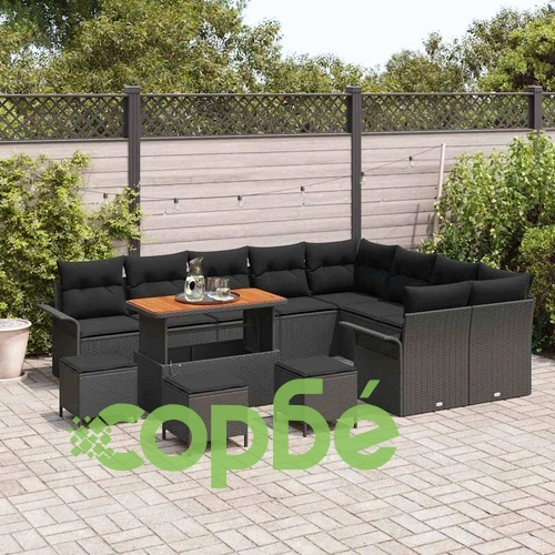 Градински модулен комплект 13 части с възглавници черен полиратан акация ➤ топ цена ➤ sorbe.bg