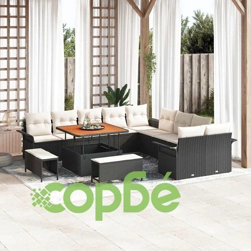 Градински комплект мебели 13 части полиратан черен с възглавници акация ➤ топ цена ➤ sorbe.bg