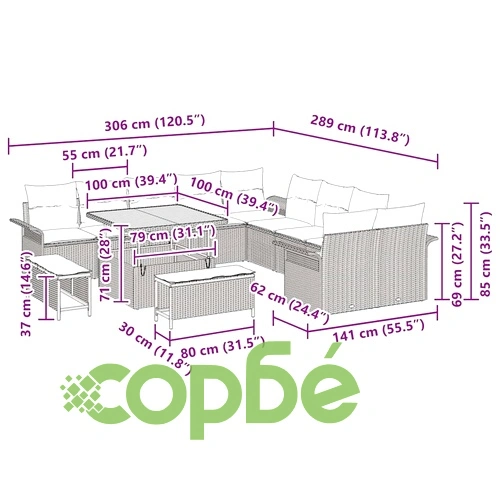 Градински комплект мебели 13 части полиратан черен с възглавници акация ➤ топ цена ➤ sorbe.bg