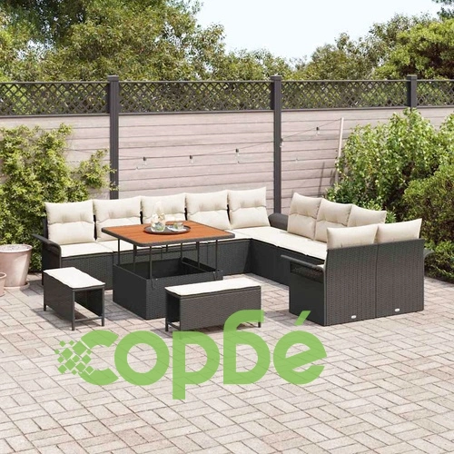 Градински комплект мебели 13 части полиратан черен с възглавници акация ➤ топ цена ➤ sorbe.bg