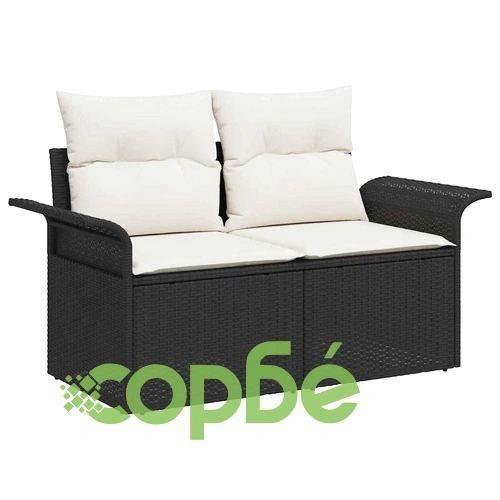 Градински комплект мебели 13 части полиратан черен с възглавници акация ➤ топ цена ➤ sorbe.bg