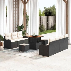 10-частен градински комплект от полиратан с възглавници черен акация