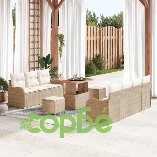 Градински комплект мебели 10 части от полиратан и акация бежов ➤ топ цена ➤ sorbe.bg
