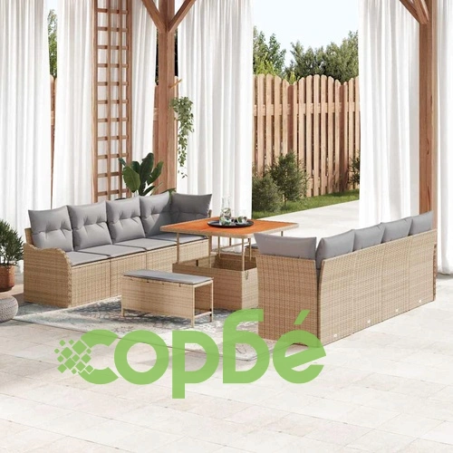 Градински модулен комплект 11 части с възглавници - бежов полиратан и акация ➤ топ цена ➤ sorbe.bg