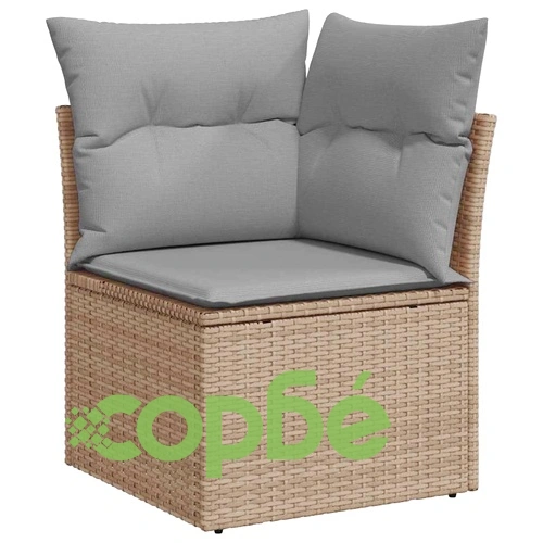 Градински модулен комплект 11 части с възглавници - бежов полиратан и акация ➤ топ цена ➤ sorbe.bg