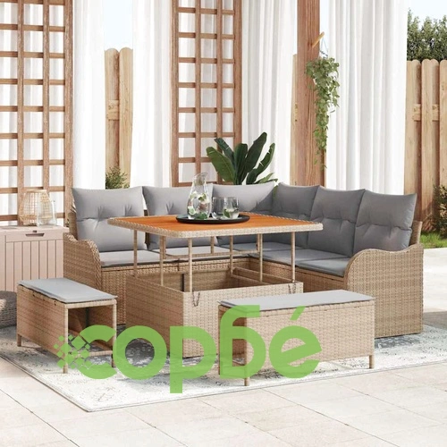 Градински комплект 8 части с възглавници бежов полиратан акация 100x100 см ➤ топ цена ➤ sorbe.bg