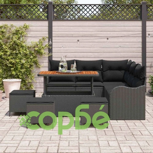 Градински диван комплект 9 части черен полиратан с възглавници ➤ топ цена ➤ sorbe.bg
