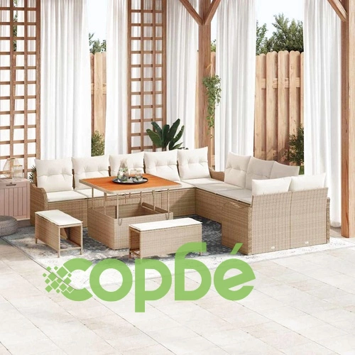 Градински комплект мебели 13 части полиратан бежов с възглавници акация 100x100 см ➤ топ цена ➤ sorbe.bg