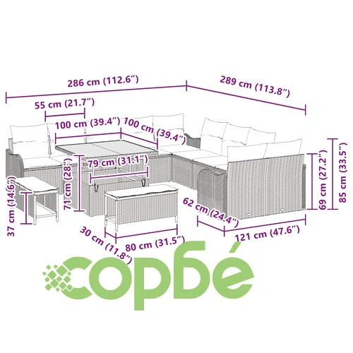 Градински комплект мебели 13 части полиратан бежов с възглавници акация 100x100 см ➤ топ цена ➤ sorbe.bg