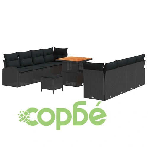 Градински комплект мебели 11 части с възглавници черен полиратан акация ➤ топ цена ➤ sorbe.bg
