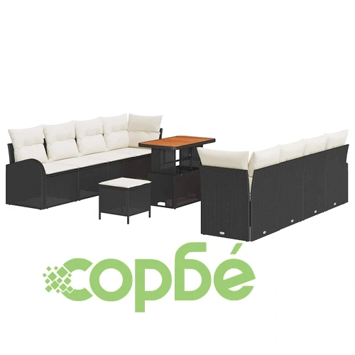 Градински комплект мебели 11 части с възглавници черен полиратан ➤ топ цена ➤ sorbe.bg