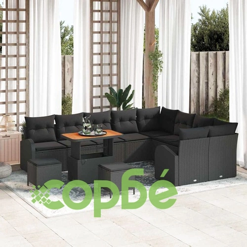 Градински комплект мебели 12 части с възглавници черен полиратан ➤ топ цена ➤ sorbe.bg